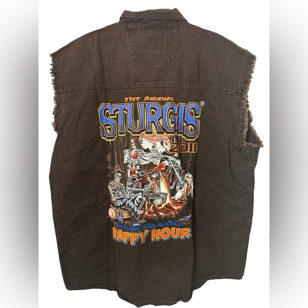 Biker’s Club Brown Denim 2011 Sturgis Vest Skeleton Campfire Graphic